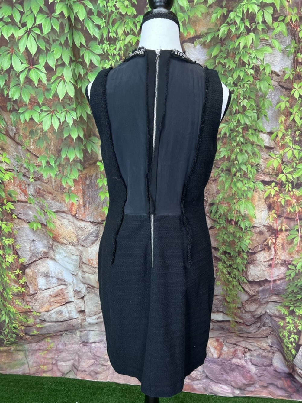 REBECCA TAYLOR Black Fringed Chain Mail Neckline Quiet Luxury Sheath Dress, 8 - Picture 7 of 11